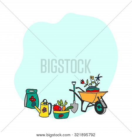Garden Tools And Tools Concept Collection Poster With Accessories On Blue Background And Blank Space