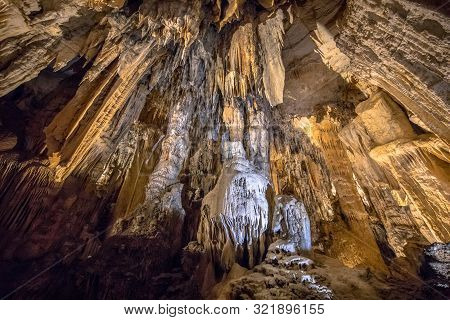 Dripstone Formation In Limestone Cave Of Grotte Des Demoiselles In Languedoc Southern France