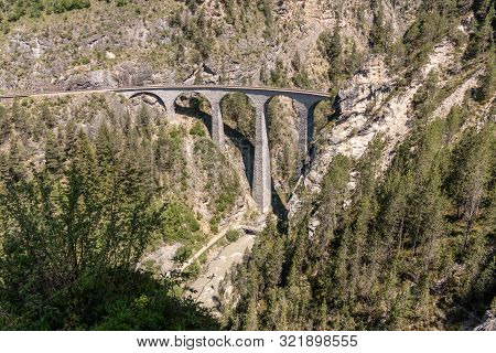 View From The Historic Landwasser Viaduct Of The Rhaetian Railway Near The Village Filisur, Swiss Al