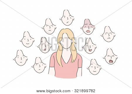 Set Of Woman Emotions Concept. Young Girl With Surprised, Angry, Scared, Happy, Smiling, Joyful Faci
