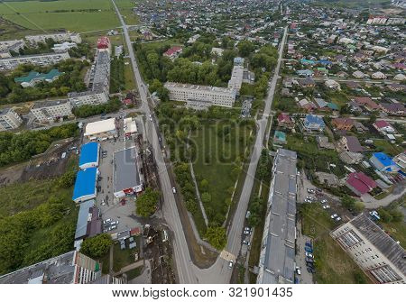 Roads In Sukhoy Log City. Aerial, Summer, Cloudy Day