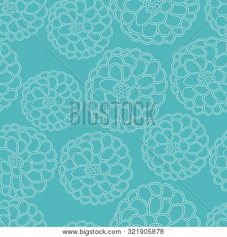 Turquoise Floral Dahlia Outline Texture, Vector Repeat Pattern
