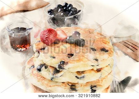 Digital Watercolor of Blueberry Pancake with syrup pitcher, wooden spatula and fork, blueberry bowl.