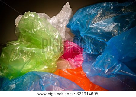 Disposable Plastic Bags Background. Lightweight Transparent, Reusable Plastic Waste. Rubbish Bags, P