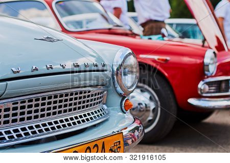 Closeup View Of Old Vintage Light Blue Car Wartburg 313