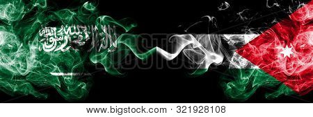 Saudi Arabia Kingdom Vs Jordan, Jordanian Smoky Mystic Flags Placed Side By Side. Thick Colored Silk