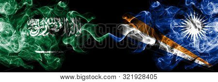Saudi Arabia Kingdom Vs Marshall Islands Smoky Mystic Flags Placed Side By Side. Thick Colored Silky