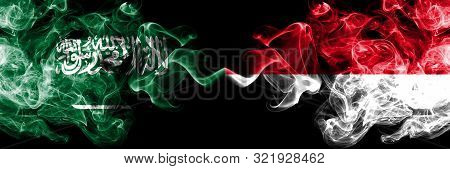 Saudi Arabia Kingdom Vs Monaco, Monacan Smoky Mystic Flags Placed Side By Side. Thick Colored Silky 