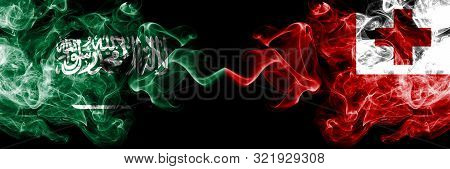Saudi Arabia Kingdom Vs Tonga, Tongan Smoky Mystic Flags Placed Side By Side. Thick Colored Silky Sm