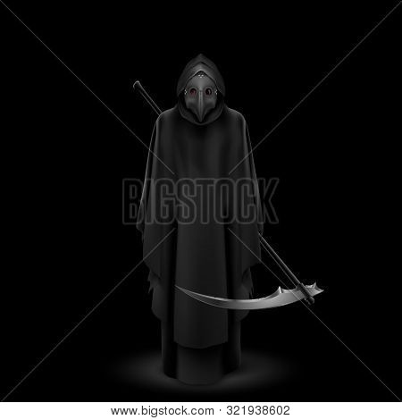 Plague Doctor With Bird Mask And Scythe In His Hands. Medieval Death Symbol Plague Doctor Mask Isola