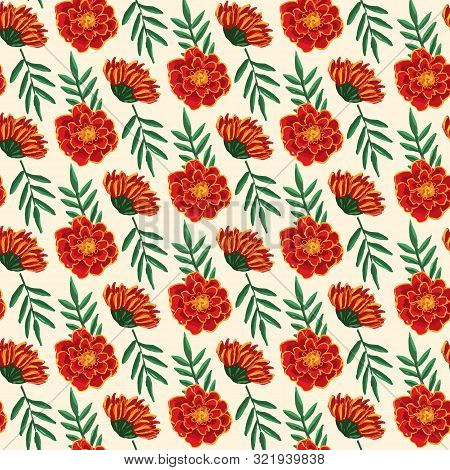 Seamless Pattern Of Color Marygold Flowers And Leaves In Hand Painted Style