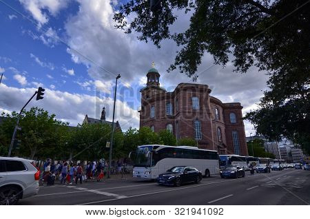 Frankfurt Am Main, Germany, August 2019. On The Right The Paulskirche Red Brick Church, Memorial To 