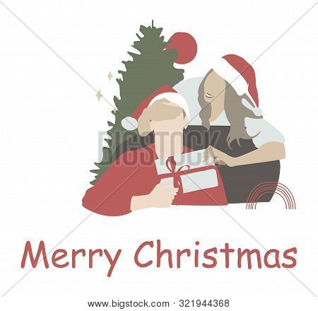 Woman Present Prize Box For Man. Happy Moment Flat Design Illustration Isolated Colofful Vector. Mer