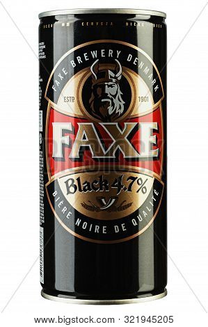 Kiev, Ukraine - June 11, 2019. Faxe Black Is A Popular Lager Brewed By Faxe Bryggeri A/s, Danish Bre