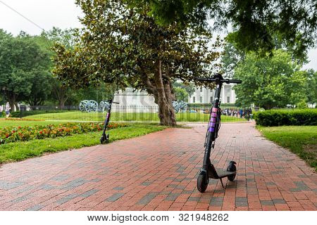Washington Dc, Usa - June 9, 2019: A Rental Electric Scooter Is Parked On The Parkway In The Lafayet