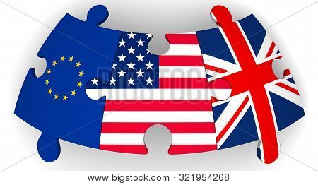 Cooperation Of Usa, Uk And Eu. Puzzles With Flags Of United States Of America, United Kingdom And Eu