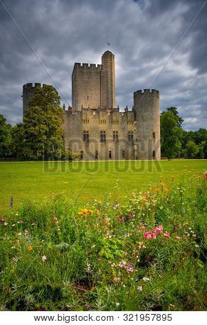 Aerial View Of Ancient Fortified Castle Of Chateau De Roquetaillade In Sunny Summer Day, Mazeres, Fr