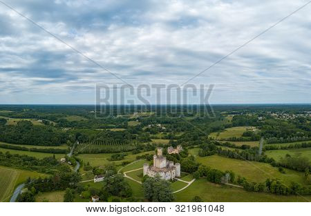 Aerial View Of Ancient Fortified Castle Of Chateau De Roquetaillade In Sunny Summer Day, Mazeres, Fr