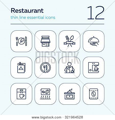 Restaurant Icons. Set Of Line Icons On White Background. Menu, Coffee Maker, Course, Client. Cafe Co