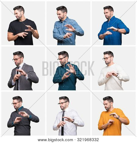 Collage of handsome man over isolated background disgusted expression, displeased and fearful doing disgust face because aversion reaction. With hands raised. Annoying concept.