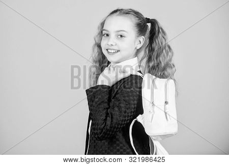 Learn How Fit Backpack Correctly. Girl Little Fashionable Cutie Carry Backpack. Popular Useful Fashi