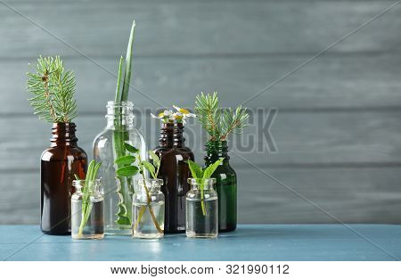 Glass Bottles Of Different Essential Oils With Plants On Table. Space For Text