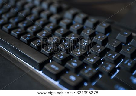 Gamer Keyboard With Colorful Blue Lights, Modern Gamer Computer. Blue Backlight, Backlit On Laptop O
