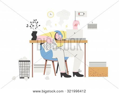 Professional Burnout Concept. A Woman Employee Is Tired, Frustrated And Emotionally Exhausted. Stres