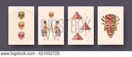 Ethnic Illustrations Set Of Mayan Culture Elements In Pastel Style. Tribesmen Crossing Spears, Ancie
