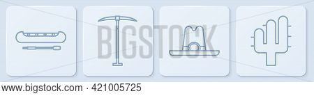 Set Line Kayak Or Canoe And Paddle, Western Cowboy Hat, Pickaxe And Cactus. White Square Button. Vec