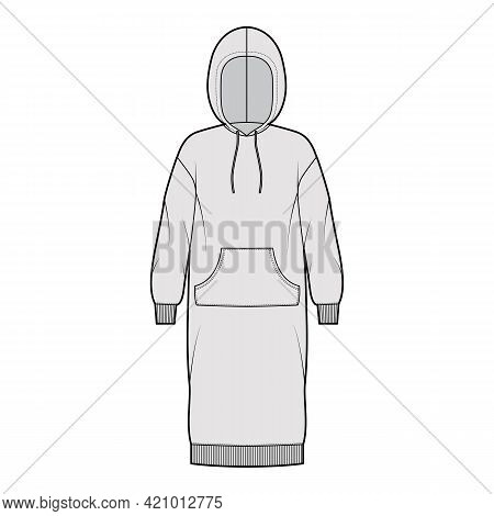 Dress Hoody Technical Fashion Illustration With Long Sleeves, Kangaroo Pouch, Rib Cuff Oversized Bod