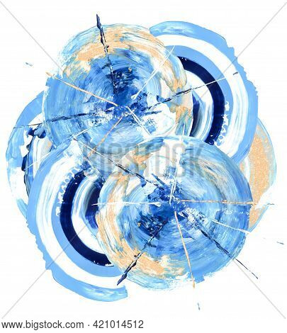 Hand Drawn Blue Brushstroke Swash With Golden Elements. Round Smear Premade Composition Clipart