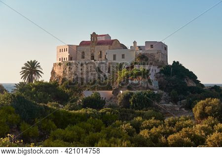 On The Mountain Chrysoskalitissa Monastery In Twilight Very Soft Light And Mediterranean Sea In The 