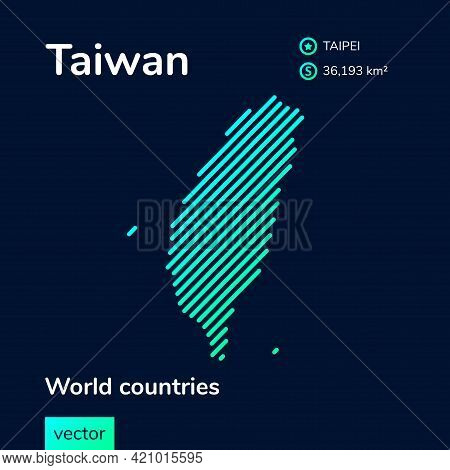Vector Creative Digital Neon Flat Line Art Abstract Simple Map Of Taiwan With Green, Mint, Turquoise