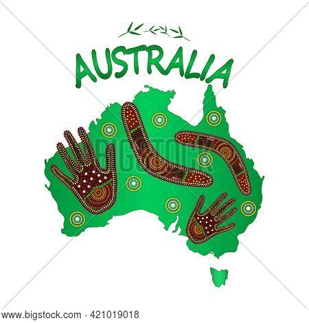 Map Of Australia With Two Hand And Boomerang Isolated On White Background. Australian Continent. Aus
