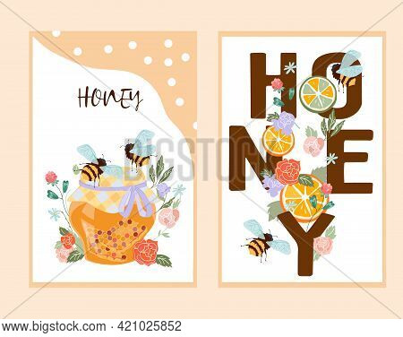 Honey Products Emblems Or Labels, Banner Or Flyers Set, Flat Vector Illustration. Colorful Image Of 