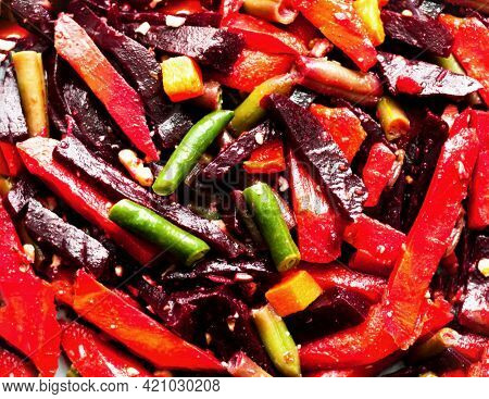 Baked Beetroot With Carrots And Asparagus. Environmentally Friendly Menu Or Eat Less Meat. Close-up,