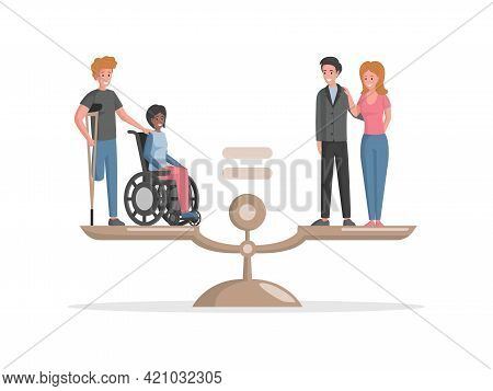 Disabled People And Valid People Standing On Scales Vector Flat Illustration. Invalids Equal In Righ