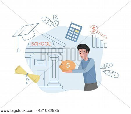 Young Upset Man Carrying Savings To School Vector Flat Illustration. Male Character Paying For Educa