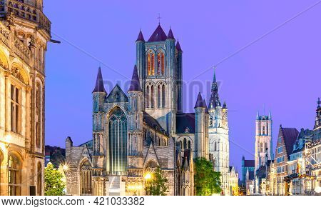 Gent Cityscape With Saint Nicholas Church, Belfort Tower And St. Bavo Cathedral At Sunset, Belgium