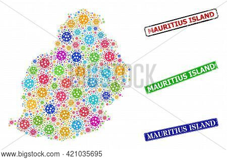 Vector Coronavirus Mosaic Mauritius Island Map, And Grunge Mauritius Island Badges. Vector Vibrant M