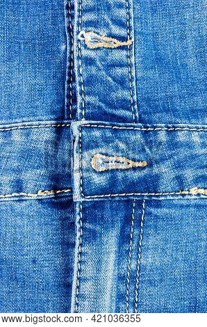 Clothing Items Blue Stonewashed Faded Jeans Cotton Fabric Texture With Seams, Clasps, Buttons And Ri