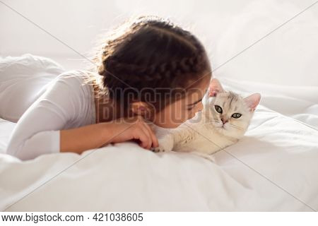 Portrait Of A Beautiful Little Girl, Lies On A Clean, White Bed With A White British Cat.