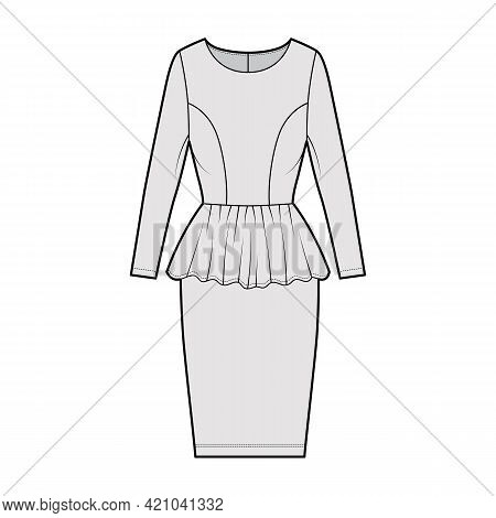 Dress Peplum Technical Fashion Illustration With Long Sleeves, Fitted Body, Knee Length Sheath Skirt