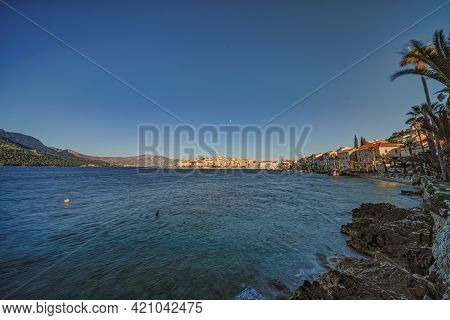 Panoramic Wide Shot Of The Old Medieval Town As Korcula Center