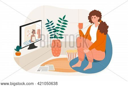 Cheerful Female Character Is Sitting With Cup And Watching Television At Home. Young Woman Is Enjoin