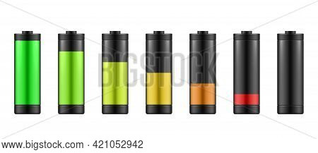 Colorful Realistic Battery Charge Level Vector Illustration. Various Level Energy Alkaline Batteries