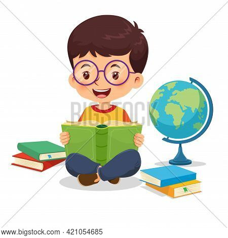 Little Boy Wearing Glasses Sitting On The Floor Happy Reading Book Vector Illustration