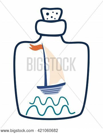 Ship In A Bottle. Summer Vacation Concept. Travel, Sea Voyage, Adventure Concept. Template For Cards
