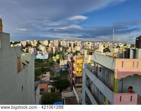 Closeup Of Beautiful Heaven Sky With Cityscape And Downtown View Of Laggere Area At Bengaluru In A M